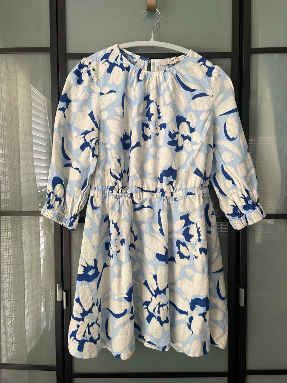 LOFT linen blend White and Blue Floral Mini Dress